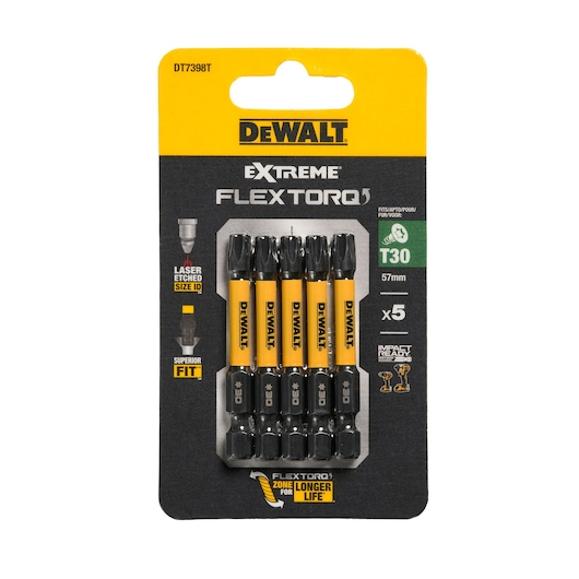 DEWALT DT7398T-QZ, DT7398T set of 5 FlexTorq T30 bits, 57mm, in black/yellow packaging. Photography category.