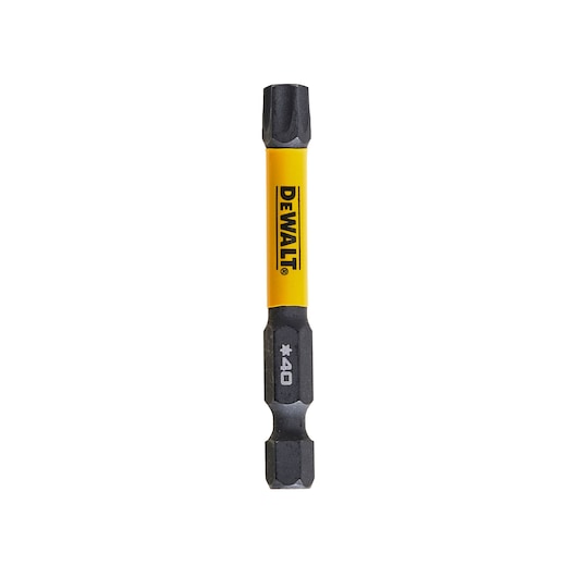 DEWALT DT7399T screwdriver bit with yellow body and black tips, star shape, photography product.