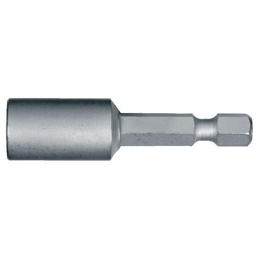 A metallic hexagonal nut driver bit with a cylindrical end for use with power tools.