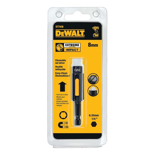 DEWALT DT7430-QZ, DT7430 cleanable nut driver, 8mm, photography category, in retail packaging.