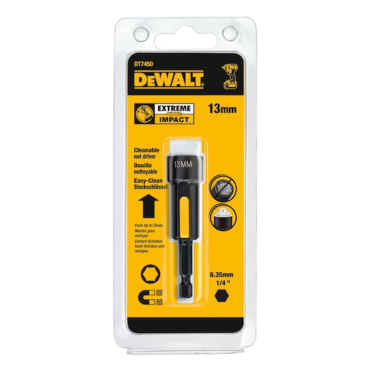 DEWALT DT7450 13mm cleanable nut driver with Extreme Impact feature in retail packaging.