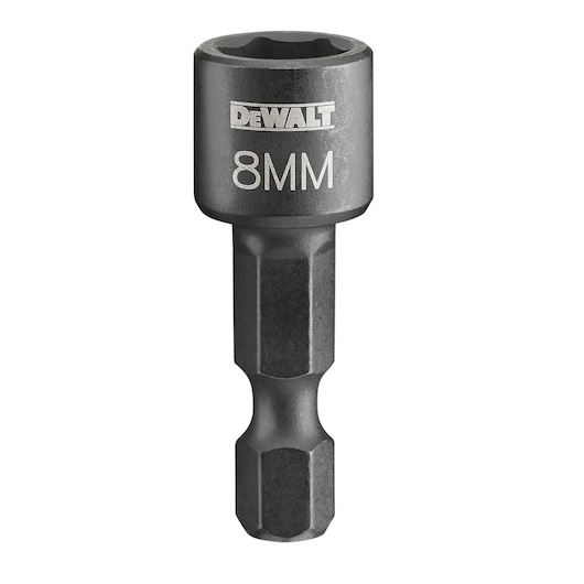 A DEWALT 8mm magnetic nut driver bit, used for fastening and drilling applications.