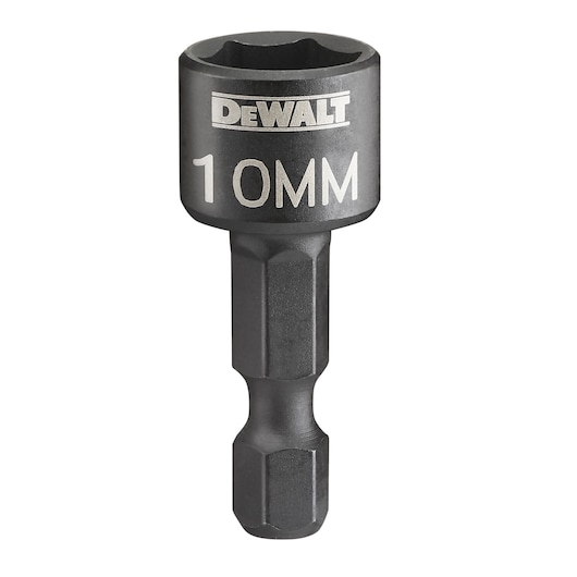 A DEWALT branded 10mm hex socket driver bit with a black finish, designed for use with power tools.