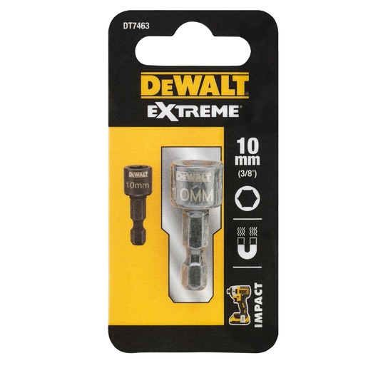 DEWALT Extreme 10mm impact socket adapter DT7463 in retail packaging, designed for drills and drivers.