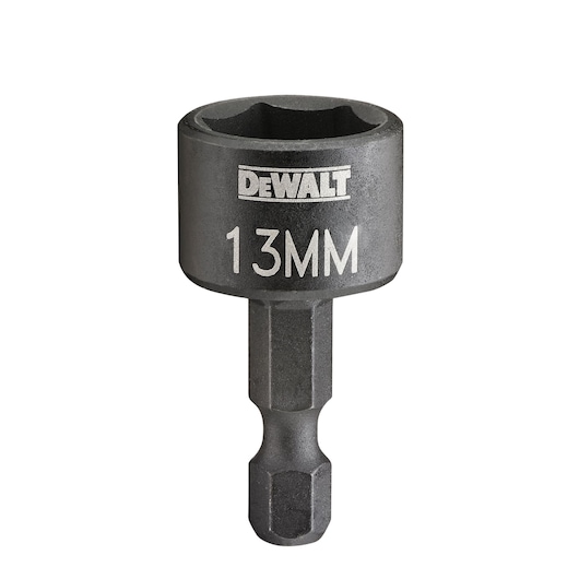 A DEWALT branded 13 mm hex socket adapter for power tools, shown against a white background.