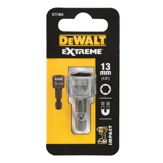 DEWALT Extreme 13mm impact socket adapter, DT7464, on retail packaging with yellow and black design.