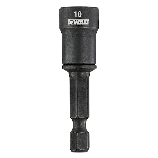 DEWALT DT7466-QZ 10mm socket screwdriver bit for power tools, black finish, hex shank, close-up view.