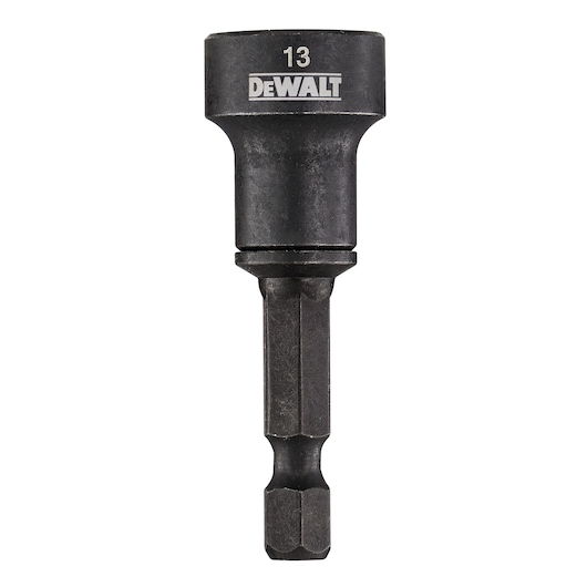 DEWALT 13mm magnetic nut driver with hex shank, used for fastening nuts and bolts in power tools.