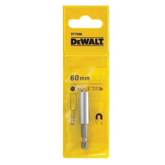 DEWALT DT7500 60mm magnetic bit holder for screwdrivers in yellow packaging.