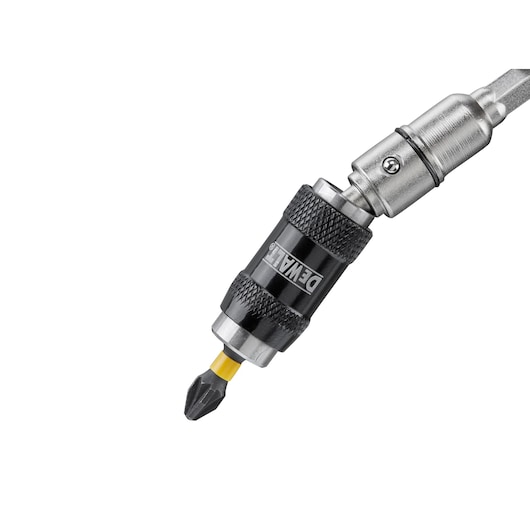 DEWALT DT7505 drill bit holder with textured grip and screwdriver bit attached, close-up on white background.