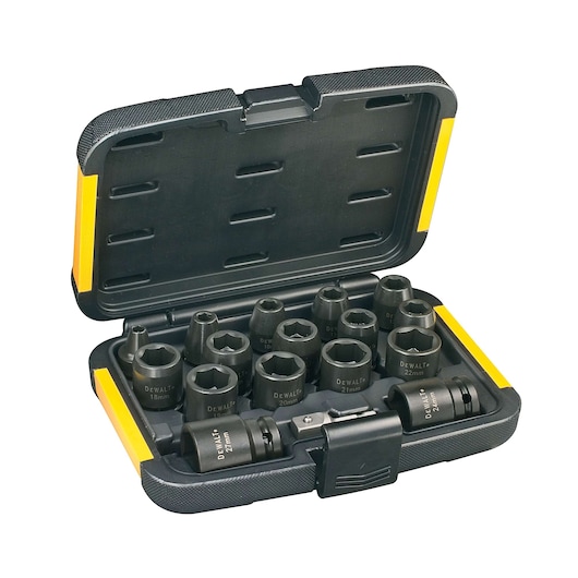 A DEWALT socket set in a black and yellow hard case. The case is open, showing multiple black sockets of various sizes neatly organized inside.