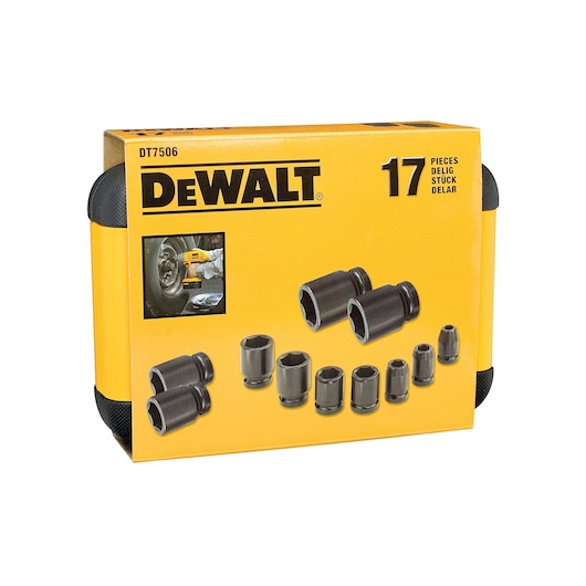 DEWALT 17-piece socket set, photography category, DT7506, DT7506-QZ SKUs, yellow case packaging.
