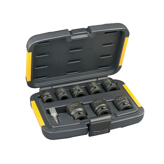 DEWALT socket set in a black and yellow carrying case, containing several sockets and a bit adapter.