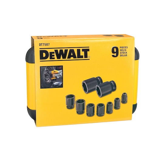 DEWALT DT7507 socket set in yellow box, contains 9 pieces for automotive tasks.