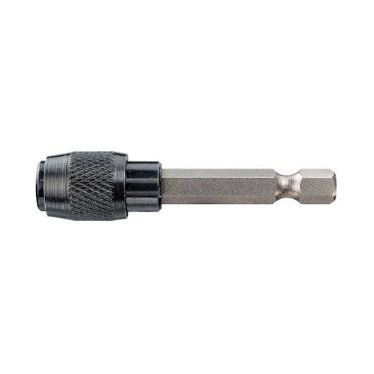 Hex shank quick-release bit holder for power tools. Textured black metal sleeve and silver shaft.