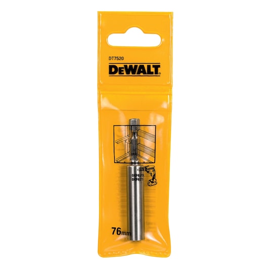 DEWALT DT7520 screwdriver bit in yellow packaging, 76mm size, shown upright.