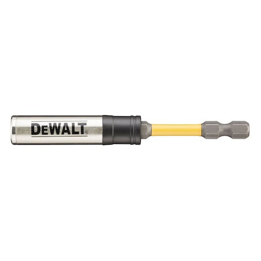 DEWALT branded screwdriver bit holder with a yellow shaft and a hex shank, designed for use with power tools.