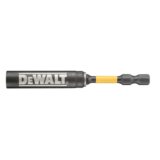 Close-up image of a DEWALT branded magnetic bit holder, featuring a hex shank and a cylindrical sleeve, designed for use with power tools.