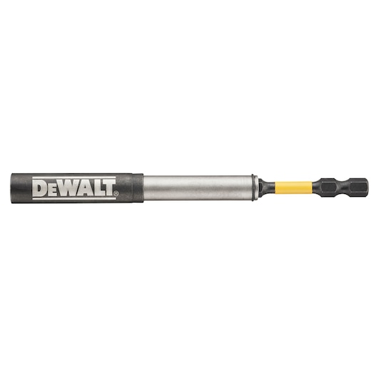 A DEWALT branded magnetic screwdriver bit holder with an extended metal shaft and a black and yellow bit attachment.