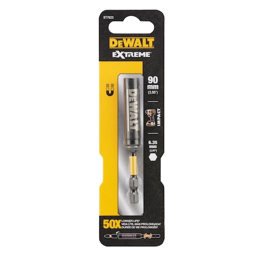DEWALT Extreme magnetic bit holder, 90mm length, 6.35mm, impact-rated, in retail packaging.