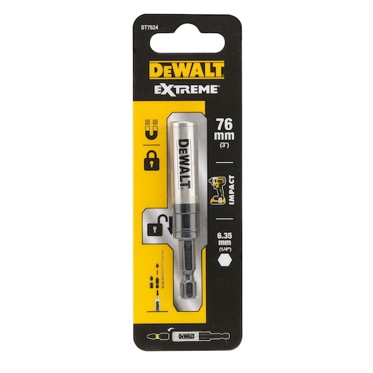 DEWALT Extreme DT7524 impact bit holder, 76mm length, 6.35mm hex, packaged for professional use.