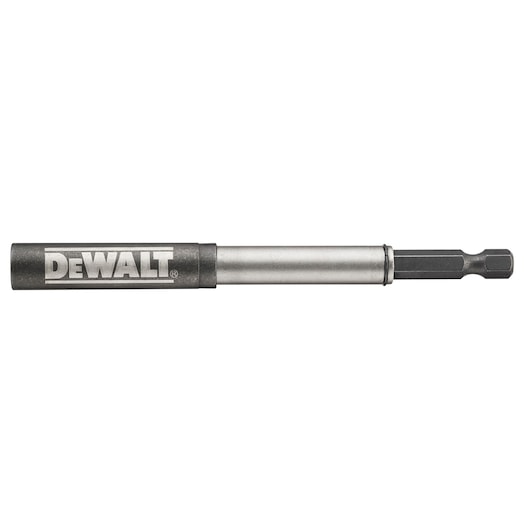 A DEWALT branded metal drill bit holder with a hex shank, photographed against a white background.