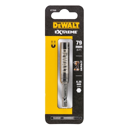 DEWALT DT7525 Extreme magnetic bit holder, 79mm length, 6.35mm hex, in retail packaging.
