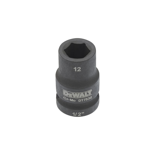 DEWALT DT7530 impact socket, 1/2 inch drive, 12mm size, made of Cr-Mo, shown on white background.