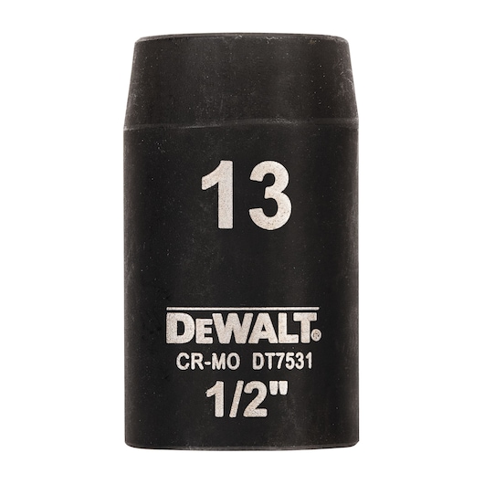 DEWALT DT7531 13mm 1/2 inch impact socket, black, cylindrical tool for fastening.
