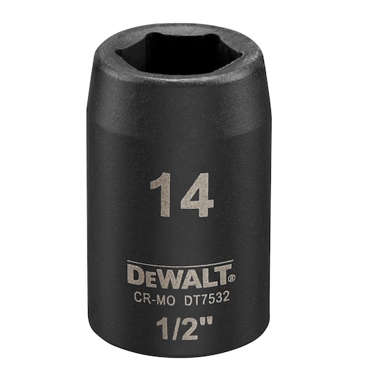 DEWALT DT7532 14mm impact socket, black, with 1/2-inch drive size visible on the front.