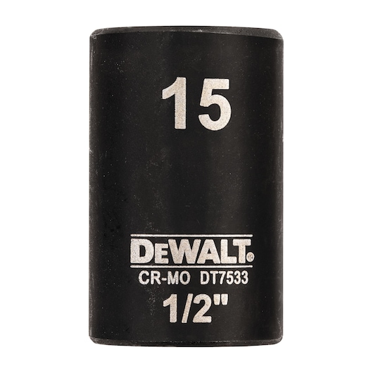 DEWALT DT7533 15mm 1/2" impact socket, black, cylindrical tool for mechanical use.