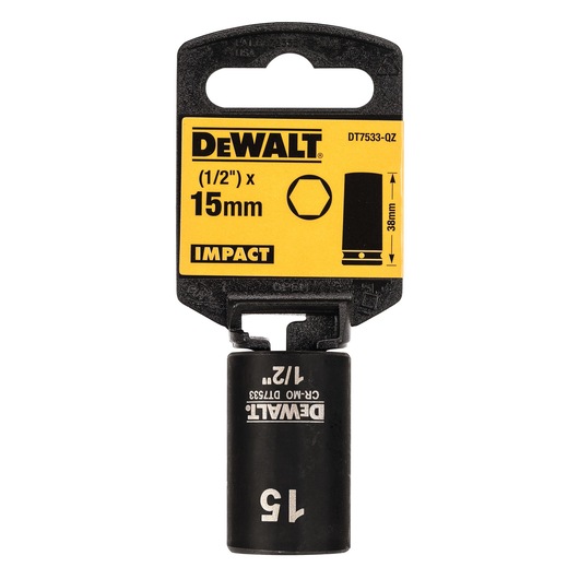 DEWALT DT7533 15mm impact socket with 1/2 inch drive, shown on yellow branded packaging.