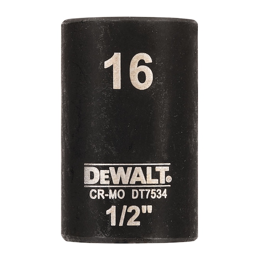 DEWALT DT7534 16mm 1/2 inch black impact socket for power tools.