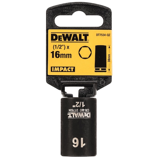 DEWALT DT7534 impact socket, 1/2 inch x 16mm, black with yellow packaging, for mechanical use.