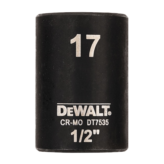 DEWALT DT7535 17mm 1/2 inch black socket for impact tools, shown upright with white markings.