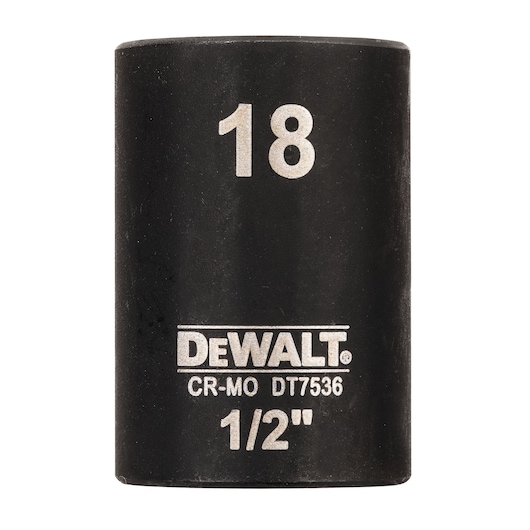 DEWALT DT7536 18mm 1/2 inch deep impact socket, black, with white engraved markings.