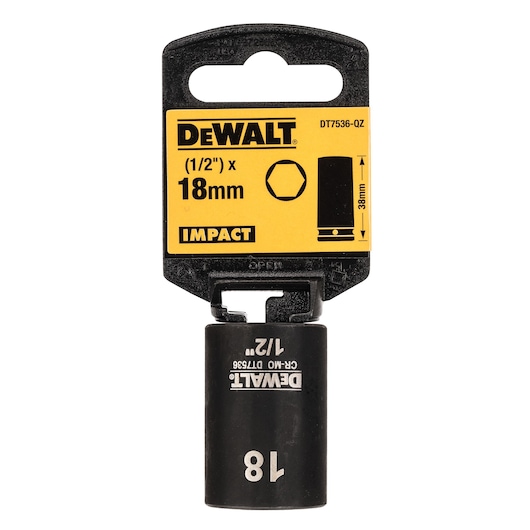 DEWALT 1/2 inch x 18mm impact socket, SKU DT7536, shown in retail packaging.