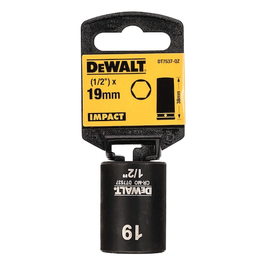 DEWALT 19mm impact socket, 1/2 inch drive, black, shown with yellow branded packaging, model DT7537.