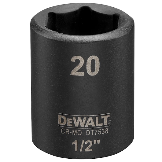 DEWALT DT7538 20mm impact socket, black, with 1/2 inch drive size marking.