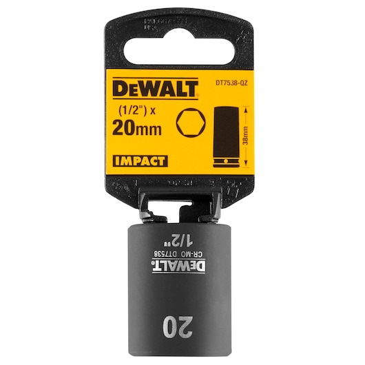 DEWALT 20mm impact socket, 1/2 inch drive, model DT7538, shown in retail packaging.