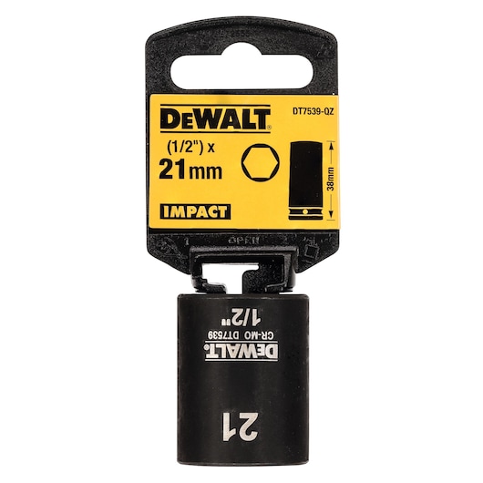 DEWALT impact socket 21mm, 1/2". SKUs: DT7539-QZ, DT7539. Photography product.