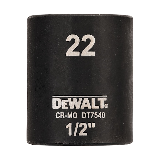 DEWALT DT7540 1/2 inch socket tool, size 22, made of CR-MO steel, black cylindrical shape.