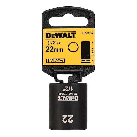 DEWALT 22mm impact socket DT7540 in packaging with black and yellow label and size markings.