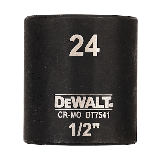 DEWALT DT7541 24mm 1/2 inch impact socket, black, cylindrical tool part with printed specifications.