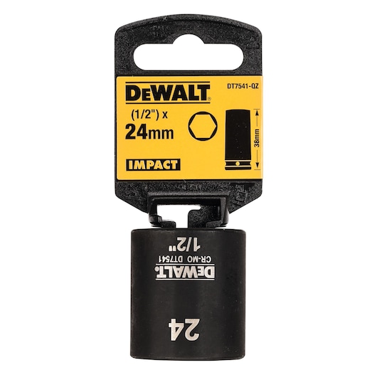 DEWALT 24mm impact socket with 1/2 inch drive, DT7541 model shown in original packaging.