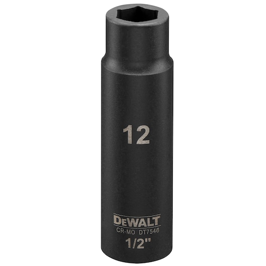 DEWALT DT7546 12mm deep impact socket, 1/2 inch drive, black, cylindrical, with engraved markings.