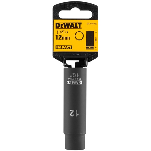 DEWALT 12mm impact socket, 1/2 inch drive, DT7546, shown in retail packaging.