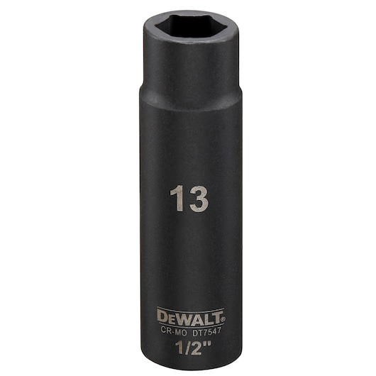 DEWALT DT7547 13mm impact socket, 1/2 inch drive, black metal finish, vertical orientation.