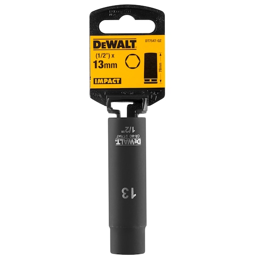 DEWALT DT7547 impact socket, 13mm size, with yellow-black packaging label.