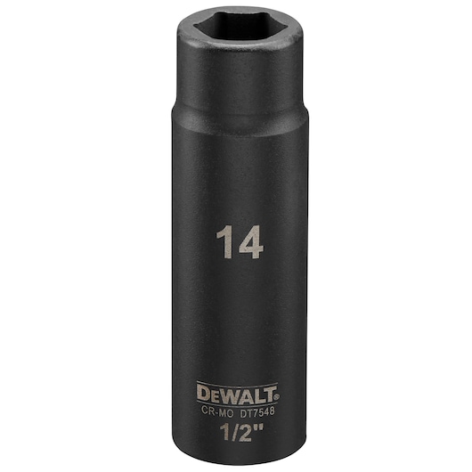 DEWALT DT7548 14mm 1/2 inch deep impact socket in black metal finish.